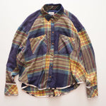 画像をギャラリービューアに読み込む, BDG ネイビー×イエロー×オレンジ チェック クロップド丈 トリム ルーズフィット ネルシャツ NAVY×YELLOW×ORANGE CHECK FLANNEL-SHIRT WOMENS