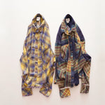 画像をギャラリービューアに読み込む, BDG ネイビー×イエロー×オレンジ チェック クロップド丈 トリム ルーズフィット ネルシャツ NAVY×YELLOW×ORANGE CHECK FLANNEL-SHIRT WOMENS