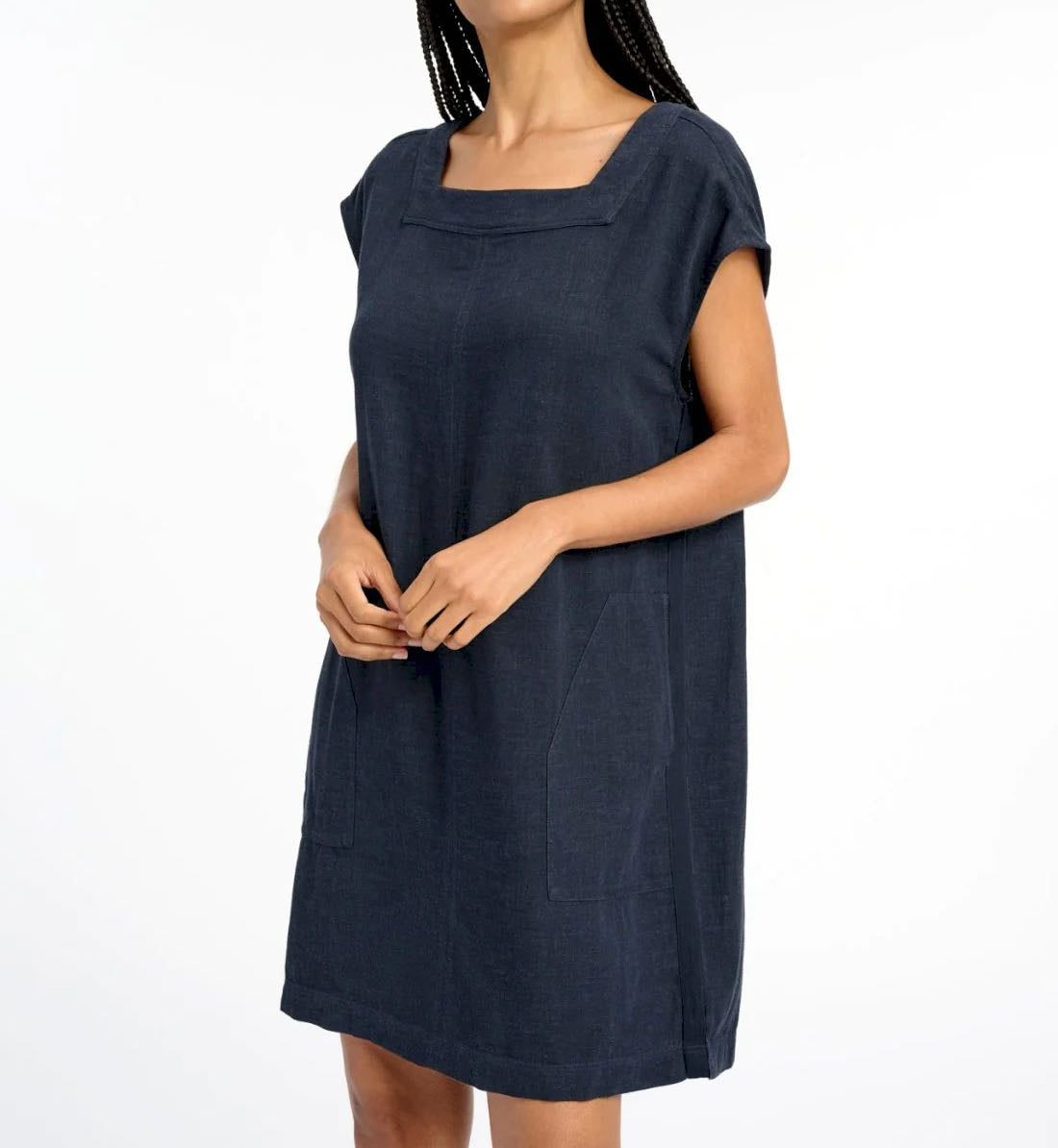 スプレンディッド  ネイビー リネン スクエアネックワンピース ドレス  SPLENDID NAVY LINEN SQUARE-NECK DRESS WOMENS