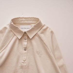 CK カルバンクライン オフホワイト 長袖 ショート丈 ラグラン 3Bシャツ ポロカットソー CALVIN KLEIN OFF-WHITE LONG-SLEEVE SHORT POLO WOMENS