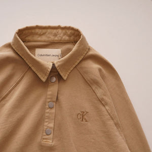 CK カルバンクライン カーキ 長袖 ショート丈 ラグラン 3Bシャツ ポロカットソー CALVIN KLEIN KHAKI LONG-SLEEVE SHORT POLO WOMENS