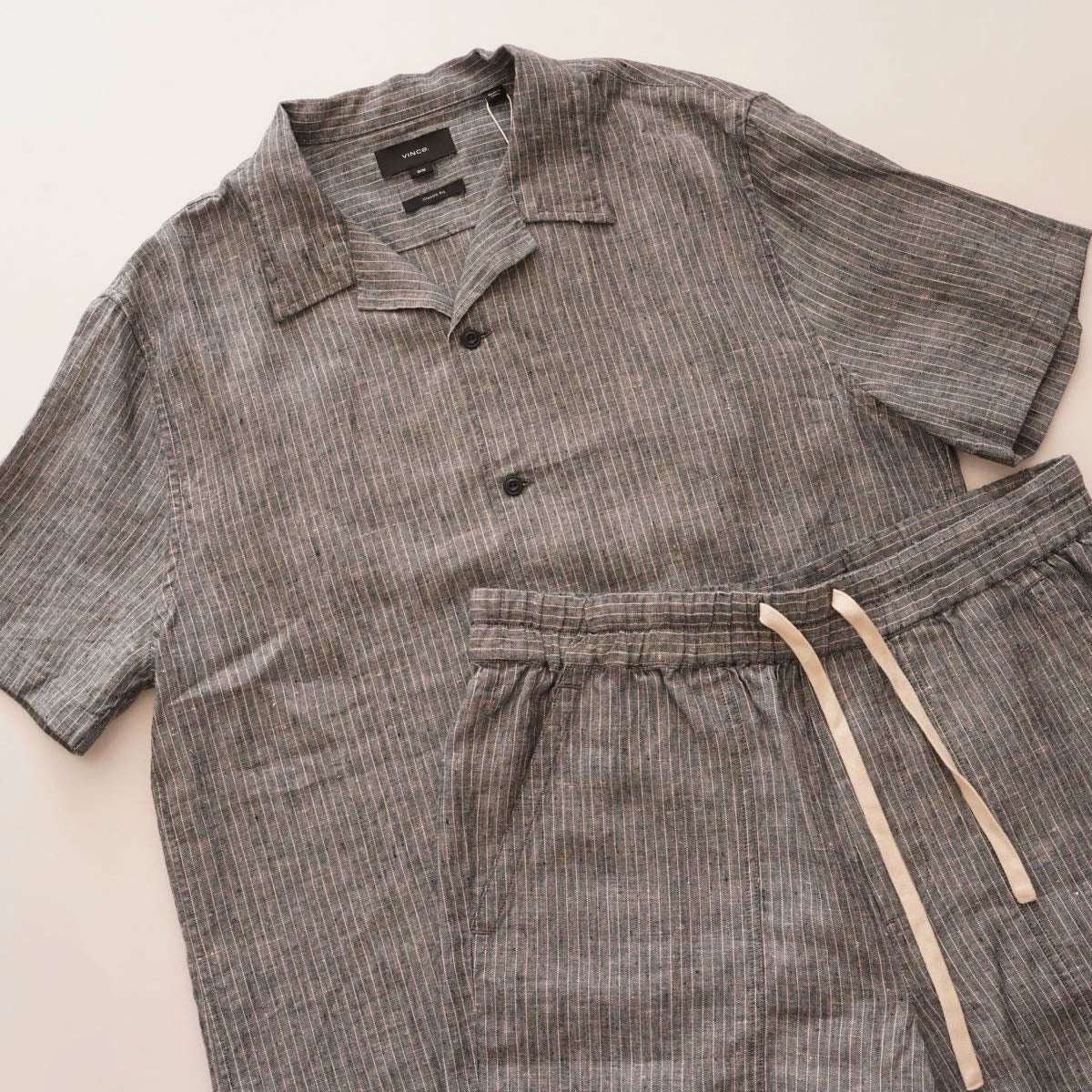 ヴィンス グレー ストライプ ヘンプ オープンカラー 半袖シャツ VINCE HEMP STRIPE S/S SHIRT CLASSIC FIT MEN