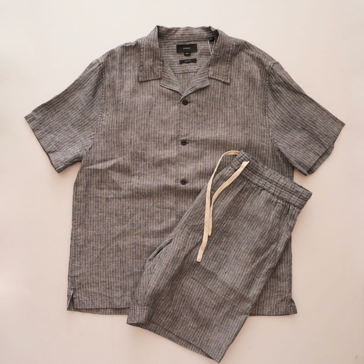 ヴィンス グレー ストライプ ヘンプ オープンカラー 半袖シャツ VINCE HEMP STRIPE S/S SHIRT CLASSIC FIT MEN