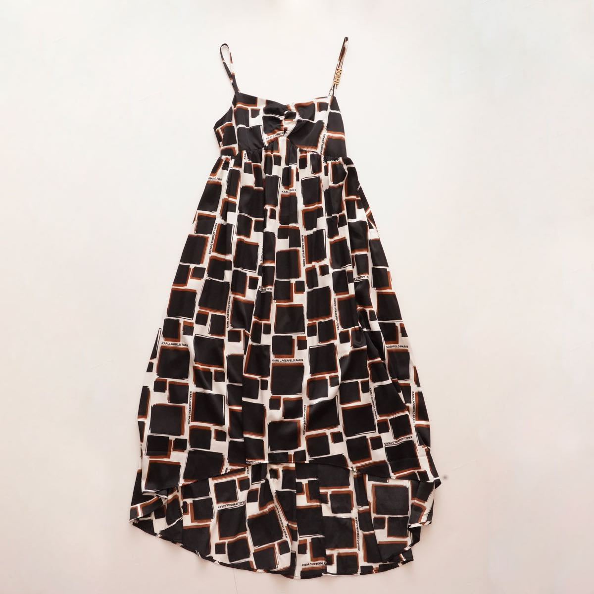 KARL LAGERFELD PARIS カールラガーフェルド ブラック ブラウン ホワイト 柄キャミワンピース  ポリドレス BLACK BROWN WHITE SLEEVELESS DRESS WOMEN