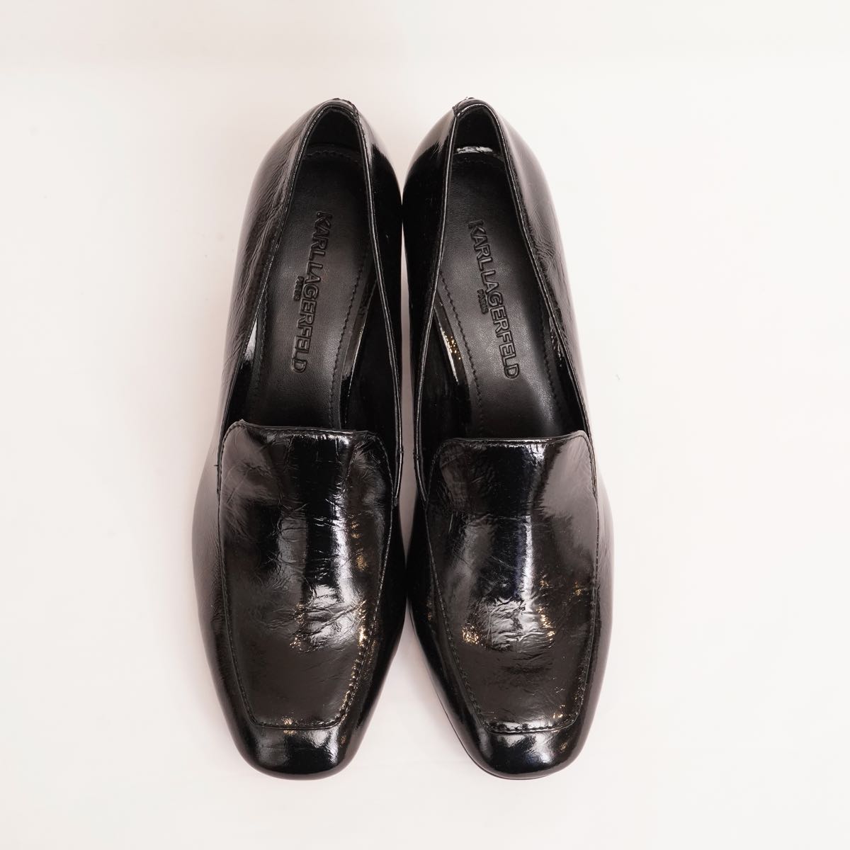 KARL LAGERFELD PARIS カールラガーフェルド ブラック レザー ヒールローファー BLACK LEATHER PENELOPE HEELED LOAFER WOMEN