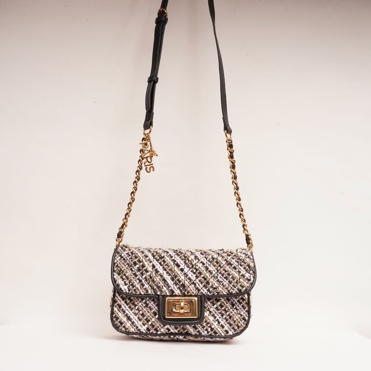 KARL LAGERFELD PARIS カールラガーフェルド ツイード×レザー ショルダーバッグ TWEED×LEATHER SHOULDER BAG