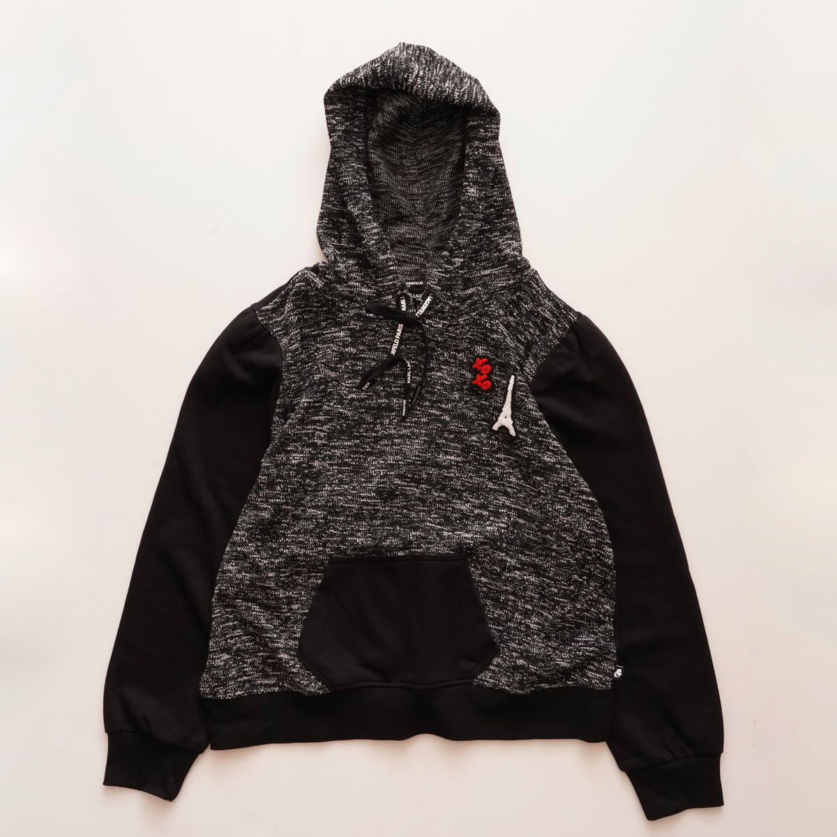 KARL LAGERFELD PARIS カールラガーフェルド ツイード エッフェル&XOXOパッチ フーディ BLACK TWEED EIFFEL PATCH HOODIE WOMEN