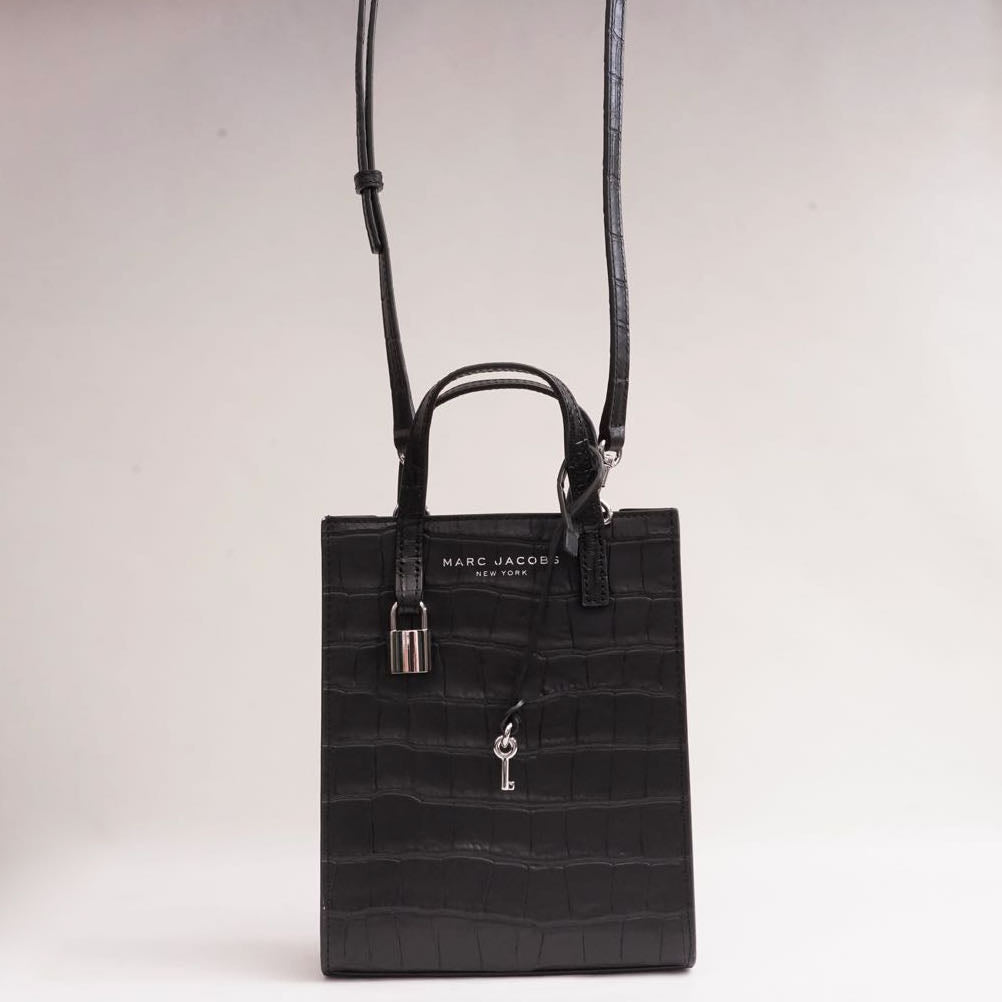 マークジェイコブス 型押しブラック ×シルバー レザーショルダー＆ミニトートバッグ MARC JACOBS BLACK SILVER EMBOSSED LEATHER SHOULDER & MINI TOTE BAG WOMENS