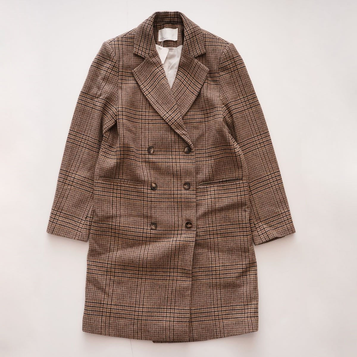 oak + fort オークアンドフォート ベージュ×ブラウン チェック ダブルボタンコート BEIGE BROWN CHECK W-BUTTON COAT