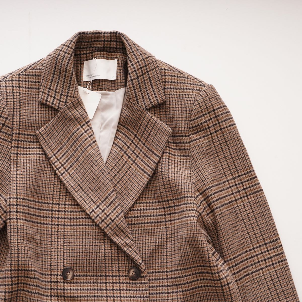 oak + fort オークアンドフォート ベージュ×ブラウン チェック ダブルボタンコート BEIGE BROWN CHECK W-BUTTON COAT