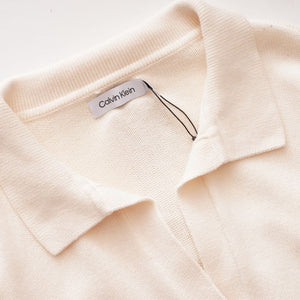 CK カルバンクライン オフホワイト 長袖 ショート丈 ドロップショルダー ポロニット CALVIN KLEIN OFF-WHITE LONG-SLEEVE SHORT POLO SWEATER WOMENS