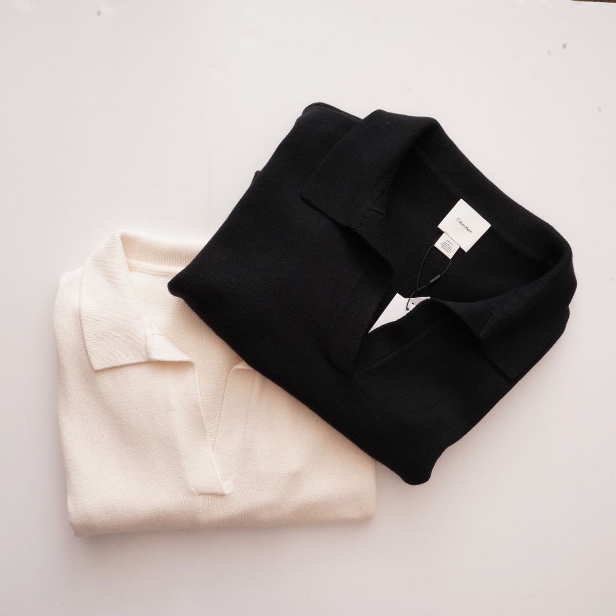 CK カルバンクライン ブラック 長袖 ショート丈 ドロップショルダー ポロニット CALVIN KLEIN BLACK LONG-SLEEVE SHORT POLO SWEATER WOMENS