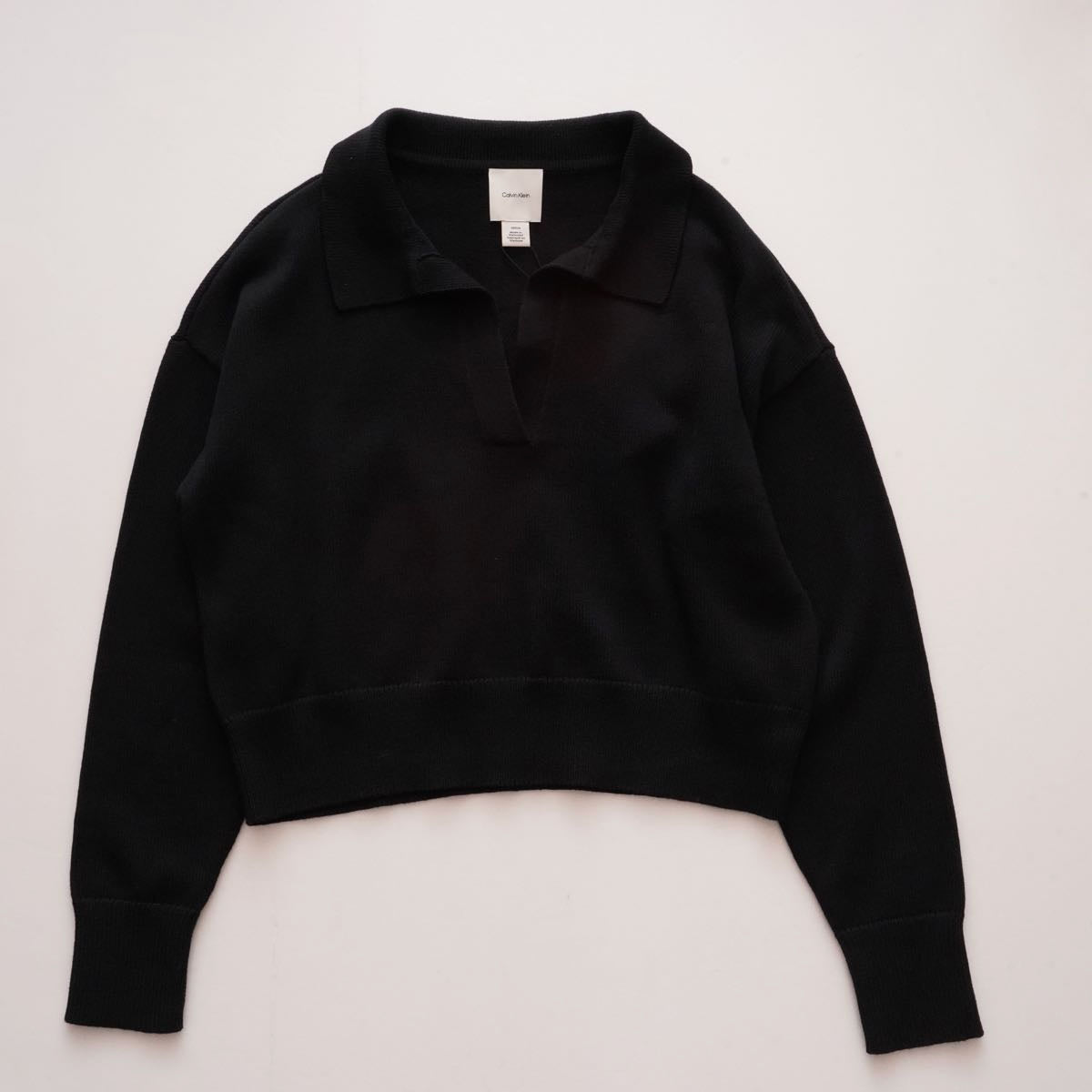 CK カルバンクライン ブラック 長袖 ショート丈 ドロップショルダー ポロニット CALVIN KLEIN BLACK LONG-SLEEVE SHORT POLO SWEATER WOMENS