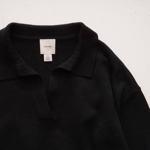 CK カルバンクライン ブラック 長袖 ショート丈 ドロップショルダー ポロニット CALVIN KLEIN BLACK LONG-SLEEVE SHORT POLO SWEATER WOMENS