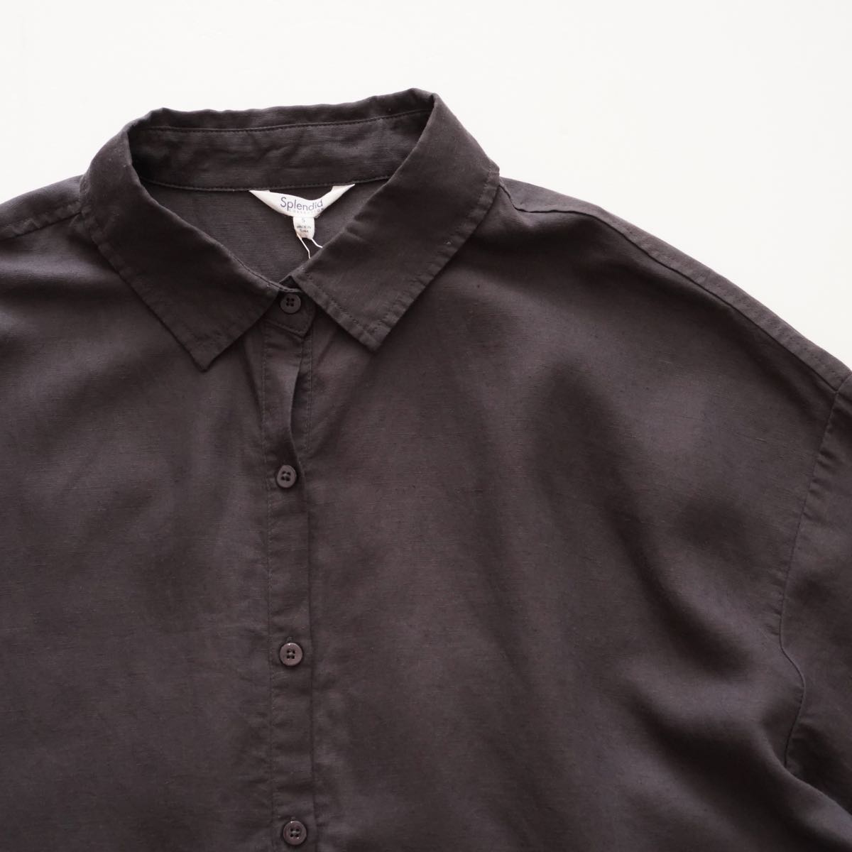 スプレンディッド チャコールグレー リネン混 半袖シャツ ブラウス SPLENDID CHARCOAL-GRAY LINEN-MIX SHIRT BLOUSE WOMENS