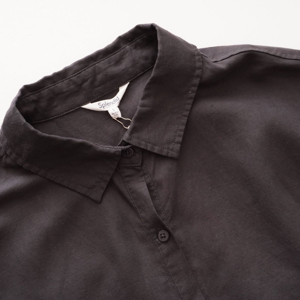 スプレンディッド チャコールグレー リネン混 半袖シャツ ブラウス SPLENDID CHARCOAL-GRAY LINEN-MIX SHIRT BLOUSE WOMENS