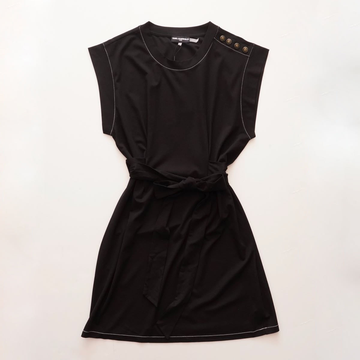 KARL LAGERFELD PARIS カールラガーフェルド ブラック ショートスリーブ タイベルトワンピース ドレス BLACK SHORT-SLEEVE DRESS WOMEN