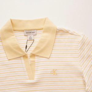 CK カルバンクライン ジーンズ クリームイエロー 半袖 ボーダー スキッパーポロ CALVIN KLEIN JEANS CREAM-YELLOW BORDER SHORT-SLEEVE POLO WOMENS