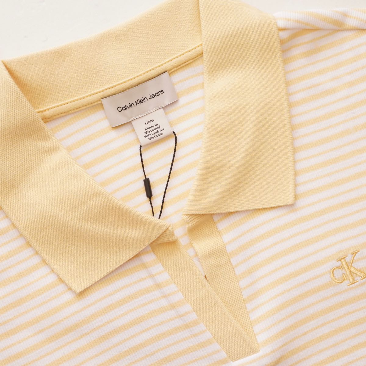CK カルバンクライン ジーンズ クリームイエロー 半袖 ボーダー スキッパーポロ CALVIN KLEIN JEANS CREAM-YELLOW BORDER SHORT-SLEEVE POLO WOMENS