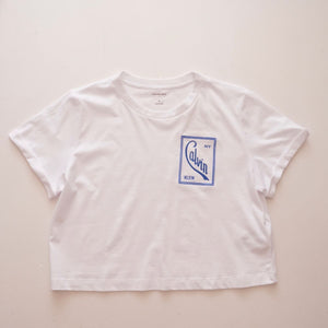 CK NY カルバンクラインジーンズ ニューヨーク ホワイト 半袖 プリント＆刺繍入り クロップド ロゴ Tシャツ  CALVIN KLEIN JEANS NEW YORK WHITE S/S LOGO TEE T-SHIRT WOMENS