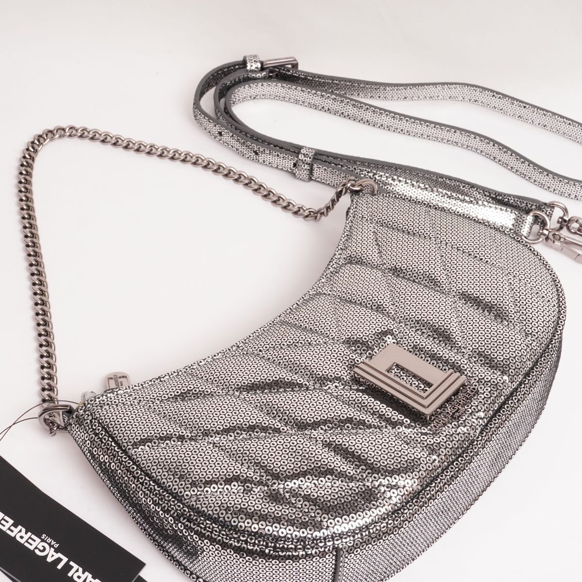 KARL LAGERFELD PARIS カールラガーフェルド シルバー スパンコールレザー ショルダー バッグ SILVER LEATHER SHOULDER BAG