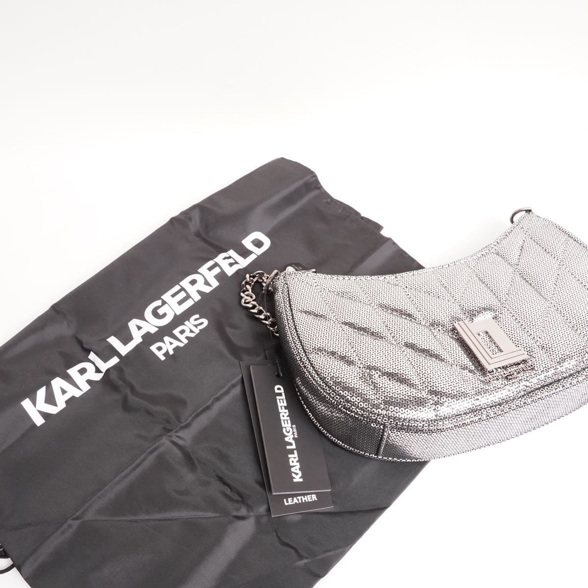 KARL LAGERFELD PARIS カールラガーフェルド シルバー スパンコールレザー ショルダー バッグ SILVER LEATHER SHOULDER BAG