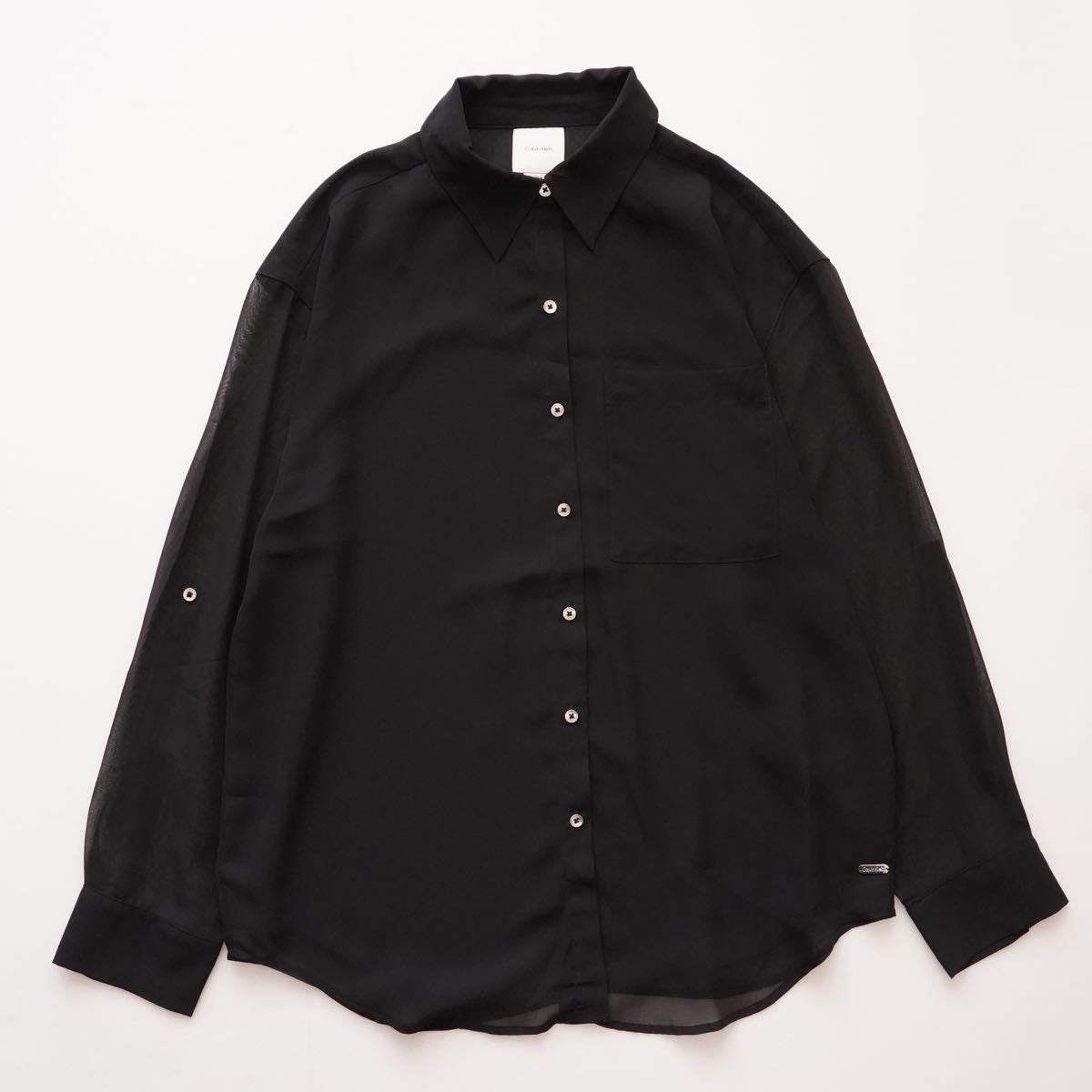 CK カルバンクライン ブラック ポリエステル シアースリーブ ブラウス ポケットシャツ  CALVIN KLEIN BLACK SHEER SLEEVE BLOUSE POCKET SHIRT WOMENS