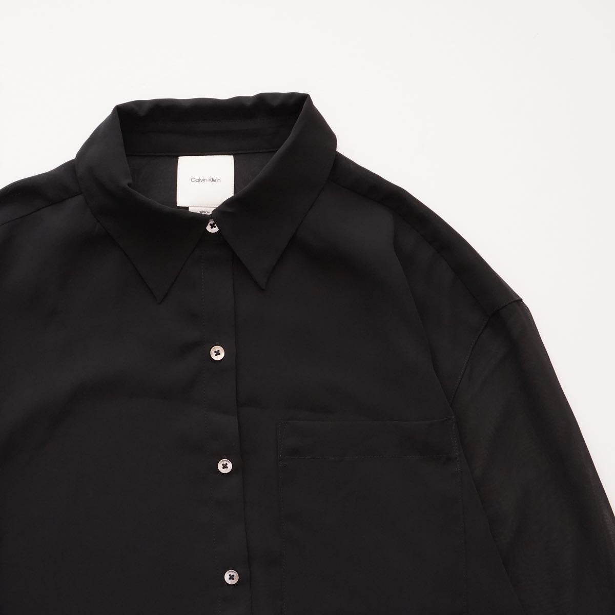 CK カルバンクライン ブラック ポリエステル シアースリーブ ブラウス ポケットシャツ  CALVIN KLEIN BLACK SHEER SLEEVE BLOUSE POCKET SHIRT WOMENS