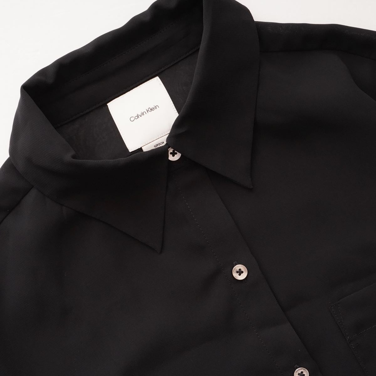 CK カルバンクライン ブラック ポリエステル シアースリーブ ブラウス ポケットシャツ  CALVIN KLEIN BLACK SHEER SLEEVE BLOUSE POCKET SHIRT WOMENS