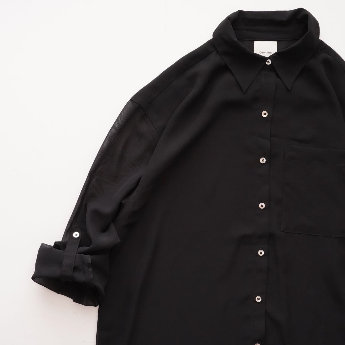 CK カルバンクライン ブラック ポリエステル シアースリーブ ブラウス ポケットシャツ  CALVIN KLEIN BLACK SHEER SLEEVE BLOUSE POCKET SHIRT WOMENS