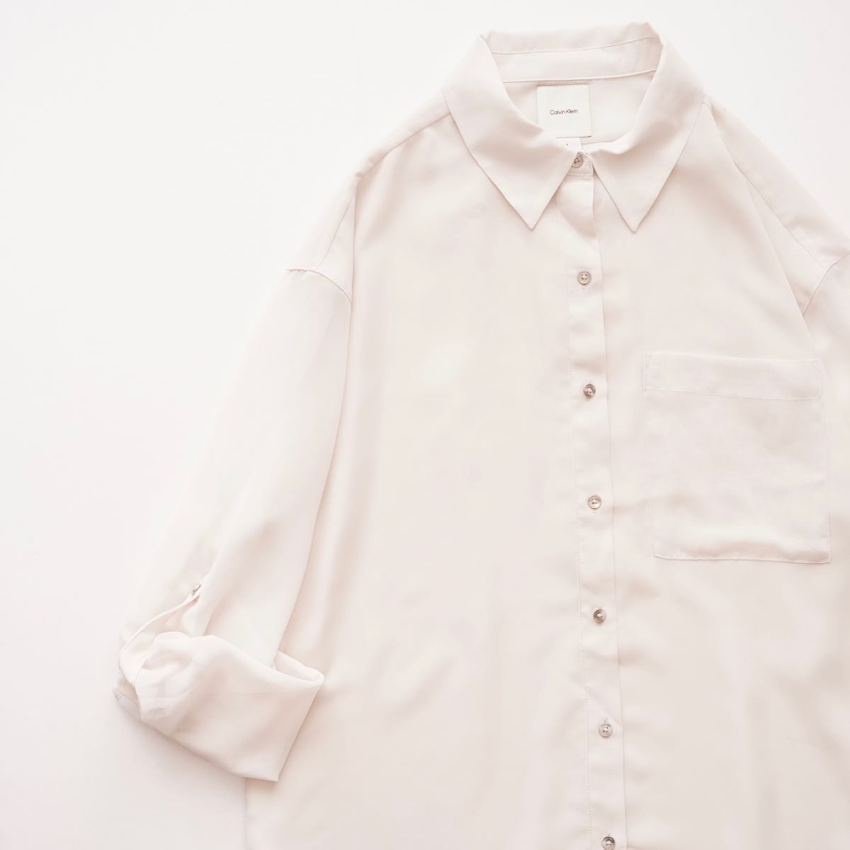 CK カルバンクライン オフホワイト ポリエステル シアースリーブ ブラウス ポケットシャツ  CALVIN KLEIN OFF-WHITE SHEER SLEEVE BLOUSE POCKET SHIRT WOMENS
