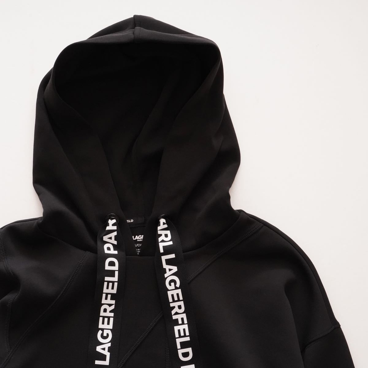 KARL LAGERFELD PARIS カールラガーフェルド ブラック 切り替え パーカー ロゴテープ フーディ BLACK HOODIE WOMEN