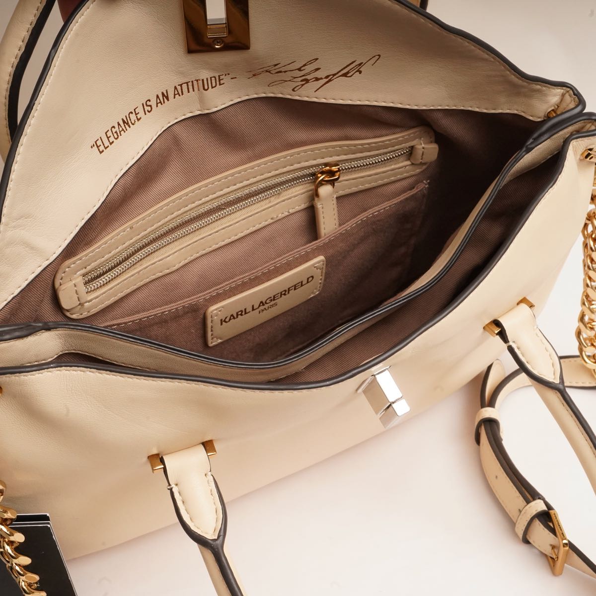KARL LAGERFELD PARIS カールラガーフェルド L クリーム レザー ハンドバッグ＆ショルダーバッグ CREAM LEATHER HAND BAG & SHOULDER BAG ラージ