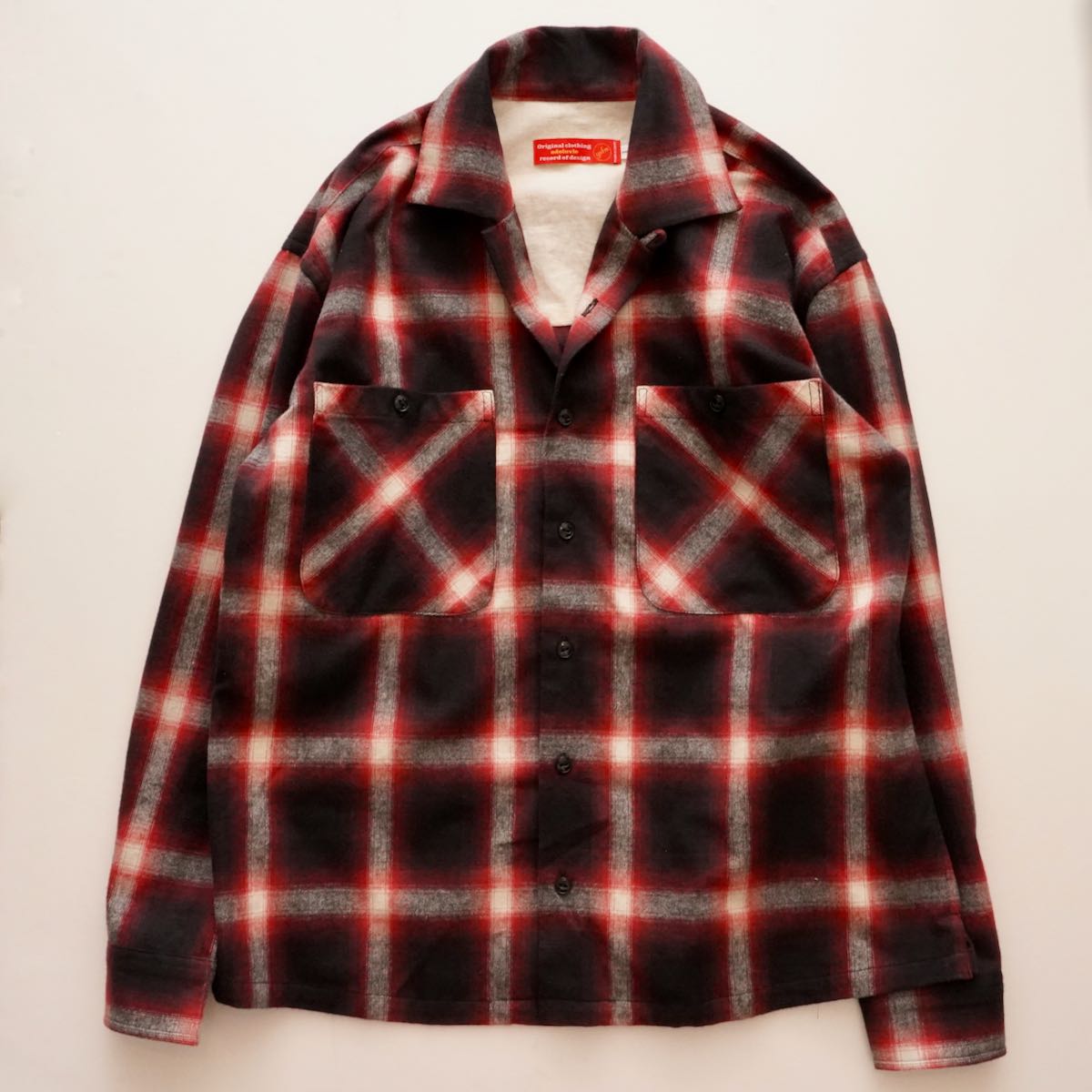 ADOLUVLE アドラーブル レッド×ブラック フランネル オンブレチェック オープンカラーシャツ 開襟 シャツジャケット RED BLACK FLANNEL OMBRE CHECK SHIRT MENS