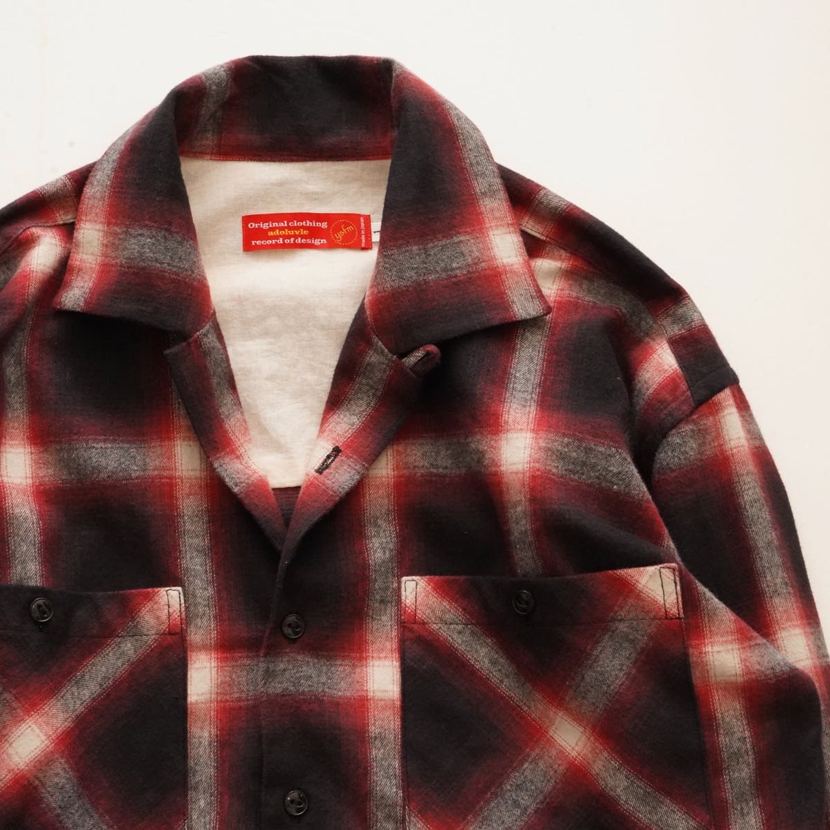 ADOLUVLE アドラーブル レッド×ブラック フランネル オンブレチェック オープンカラーシャツ 開襟 シャツジャケット RED BLACK FLANNEL OMBRE CHECK SHIRT MENS