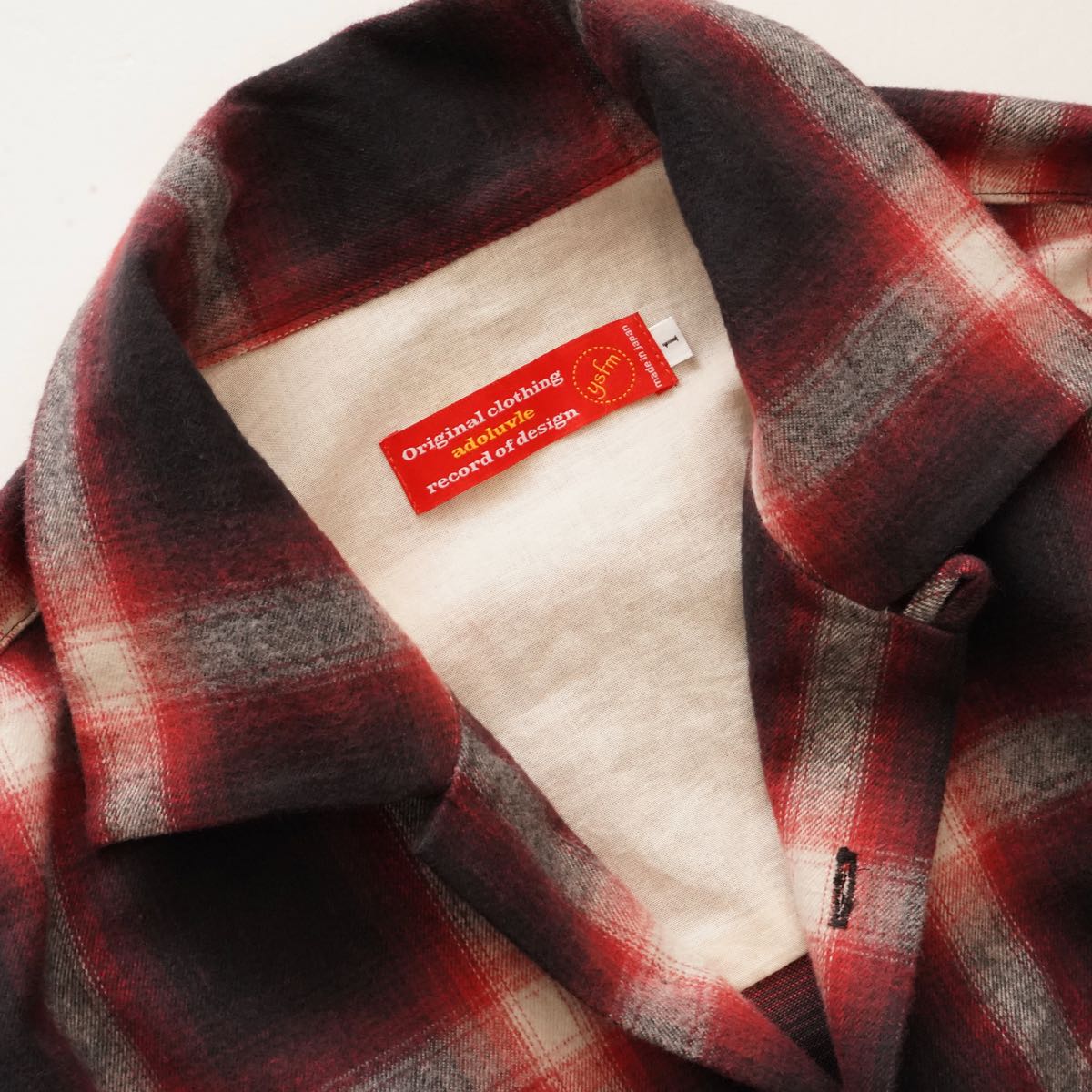 ADOLUVLE アドラーブル レッド×ブラック フランネル オンブレチェック オープンカラーシャツ 開襟 シャツジャケット RED BLACK FLANNEL OMBRE CHECK SHIRT MENS