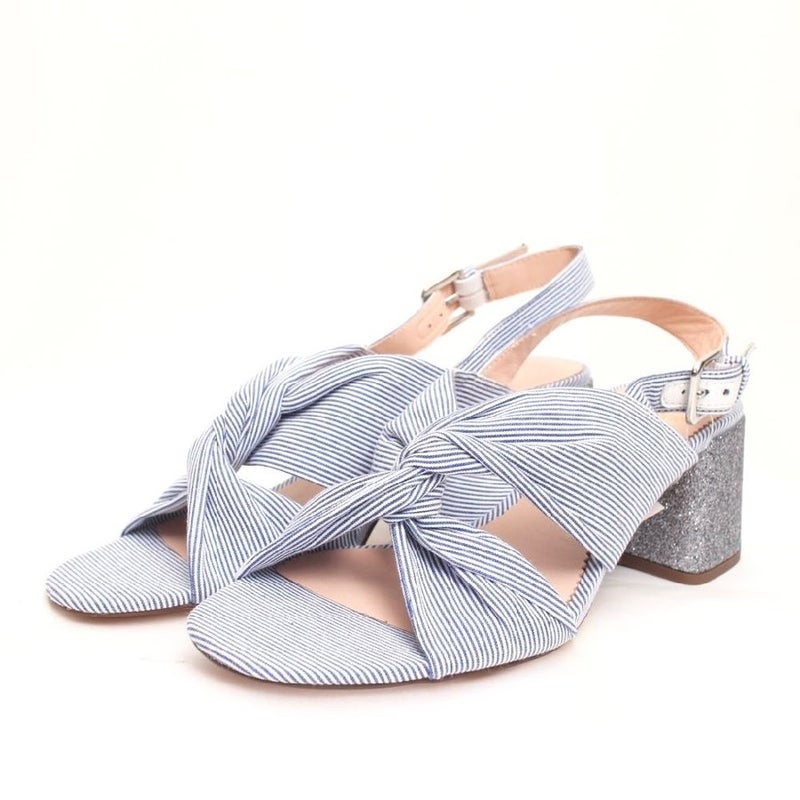 ジェイクルー サックスブルー ストライプ ツイスト バックストラップ グリッターヒール サンダル J.CREW SAX-BLUE STRIPED TWIST SANDALS WITH BACK-STRAP GLITTER HEEL WOMENS